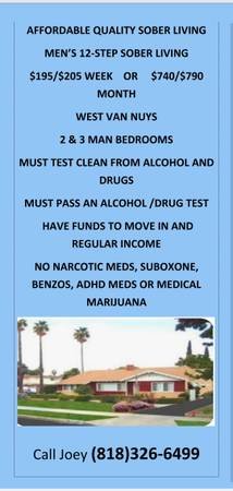 $195 SFV Sober Living for 4 Gentlemens
