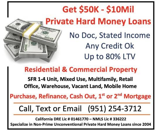No Doc Private Hard Money Loans - 80% LTV - 1st & 2nd Mortgage (951-254-3712 Los Angeles CA) No Doc Private Hard Money Loans - 80% LTV - 1st & 2nd Mortgage (951-254-3712 Los Angeles CA)
