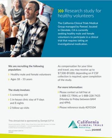 Paid Research for Healthy Volunteers, $7,500 - $9,650 Compensation if Qualified (Glendale)s