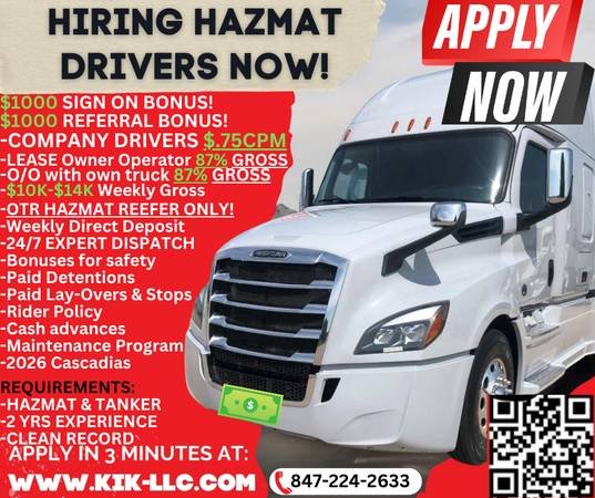 CDL A HAZMAT Drivers Earn $0.75 per Mile, $3000 Weekly – HAZ Owner Operators Gross $10K–$14K (Los Angeles CA)s